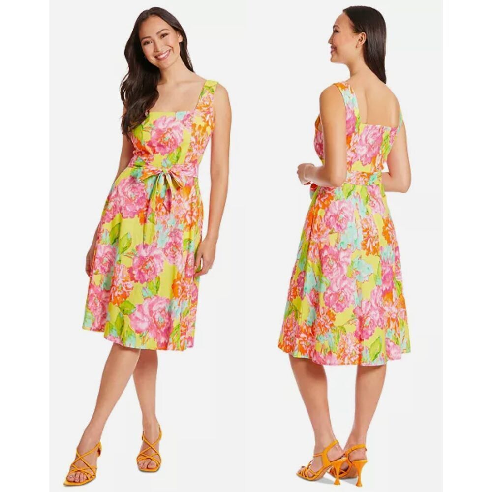 London Times carmella bright yellow multi floral waist tie linen blend dress 10